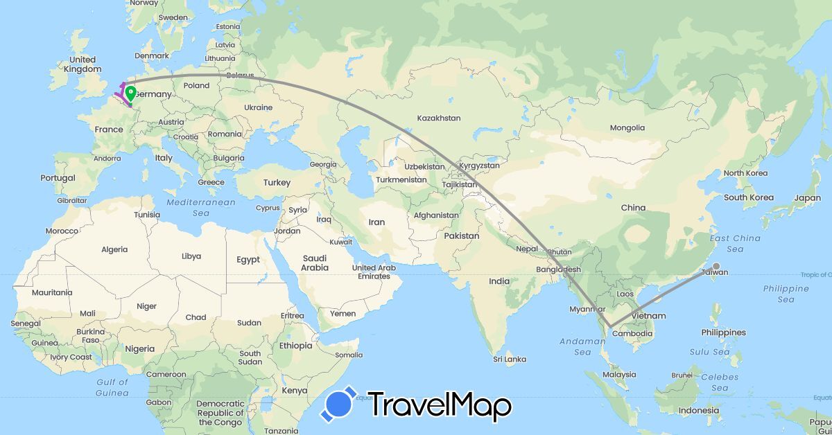 TravelMap itinerary: driving, bus, plane, train in Belgium, Luxembourg, Netherlands, Thailand, Taiwan (Asia, Europe)