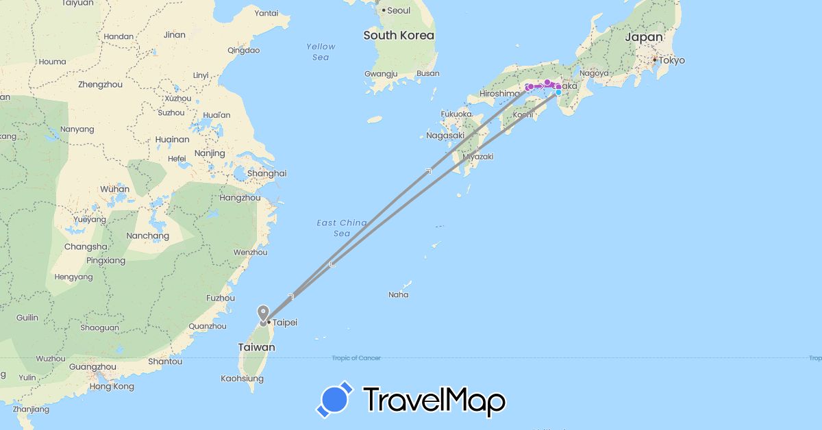 TravelMap itinerary: driving, plane, cycling, train, boat in Japan, Taiwan (Asia)