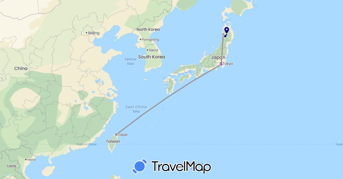 TravelMap itinerary: driving, plane, train in Japan, Taiwan (Asia)