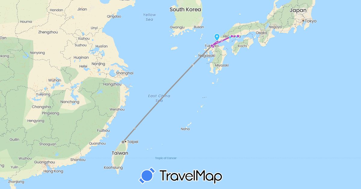 TravelMap itinerary: driving, plane, train, boat in Japan, Taiwan (Asia)