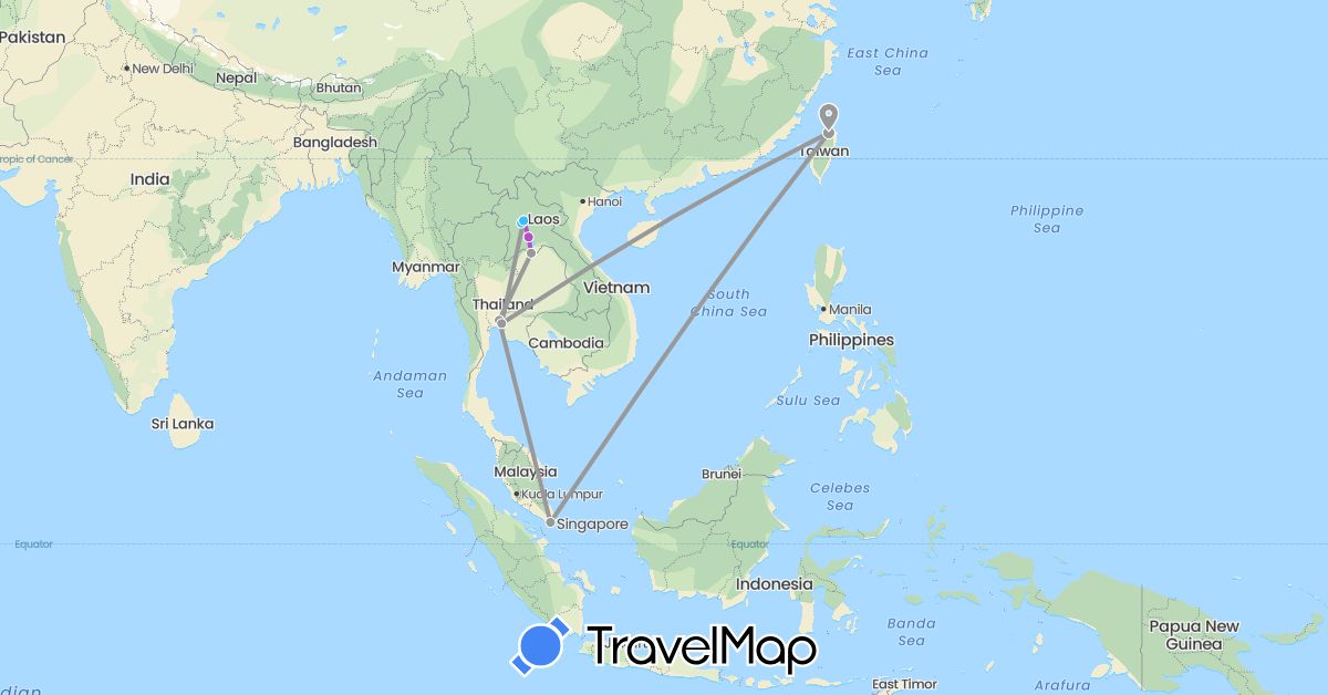 TravelMap itinerary: driving, plane, train, boat in Laos, Singapore, Thailand, Taiwan (Asia)
